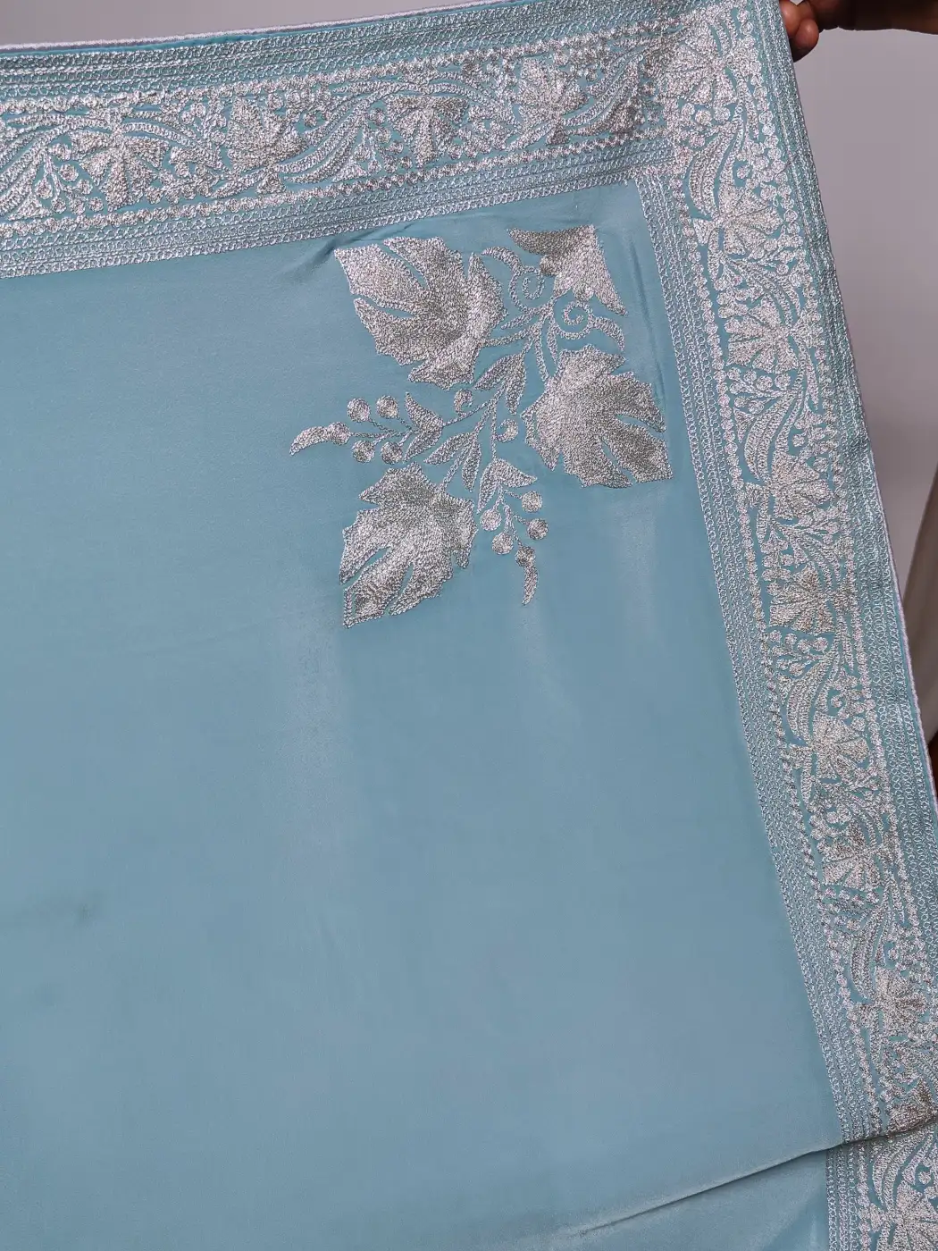 Light Blue Saree in Crepe with Tilla Embroidery - Image 4