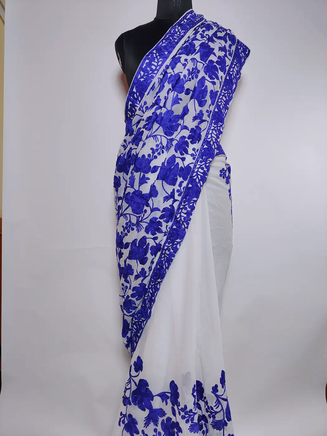 Aafreen Kashmiri White Georgette Saree with Aari Work