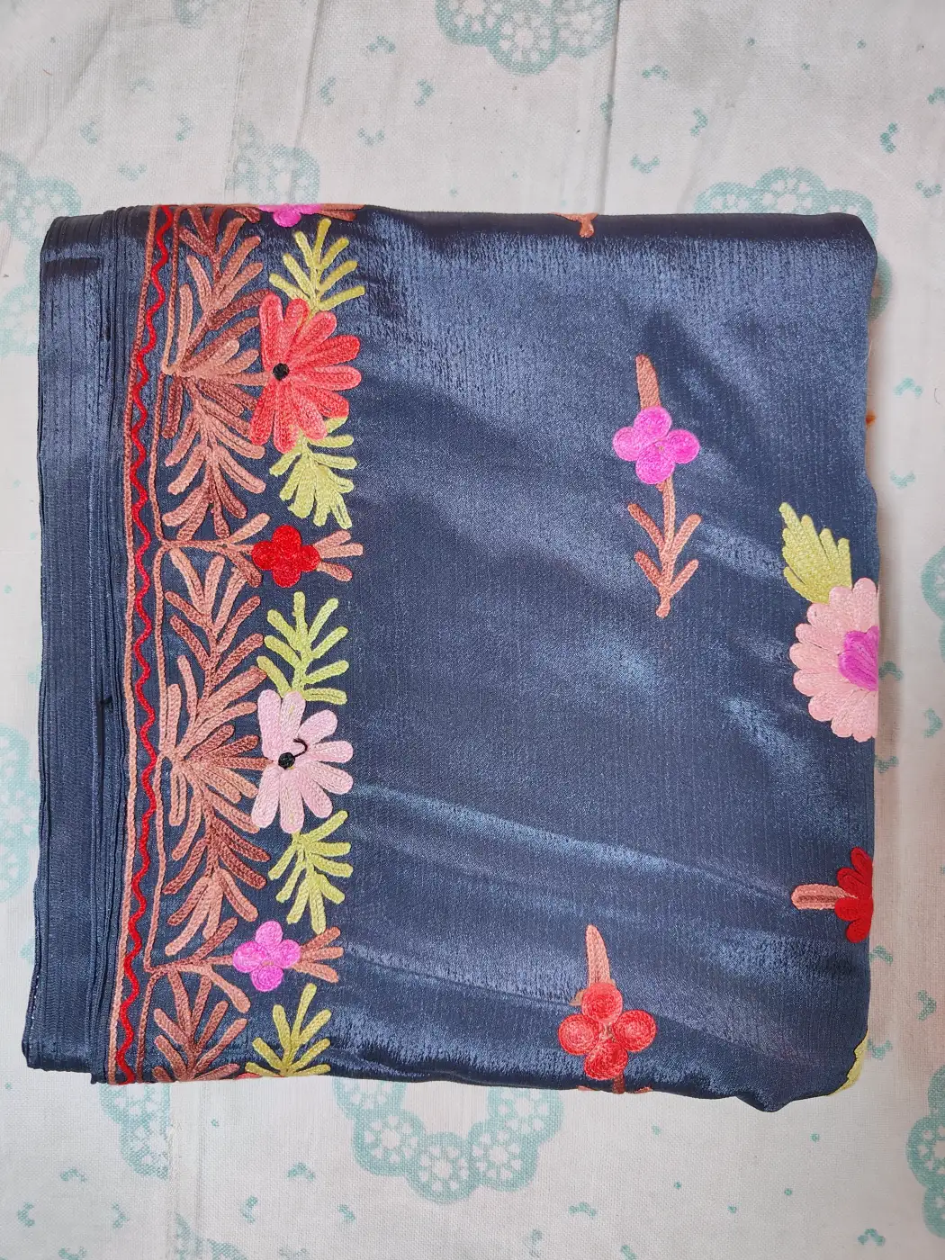 Dark Blue Georgette Saree Guldan from Kashmir in Silk with Aari Work - Image 2
