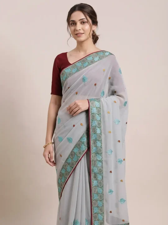 Sozni Work Saree in Grey Georgette Fabric | Gulistan-i-Kashmir