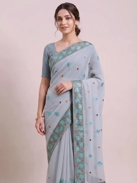Sozni Work Saree in Grey Georgette Fabric | Gulistan-i-Kashmir