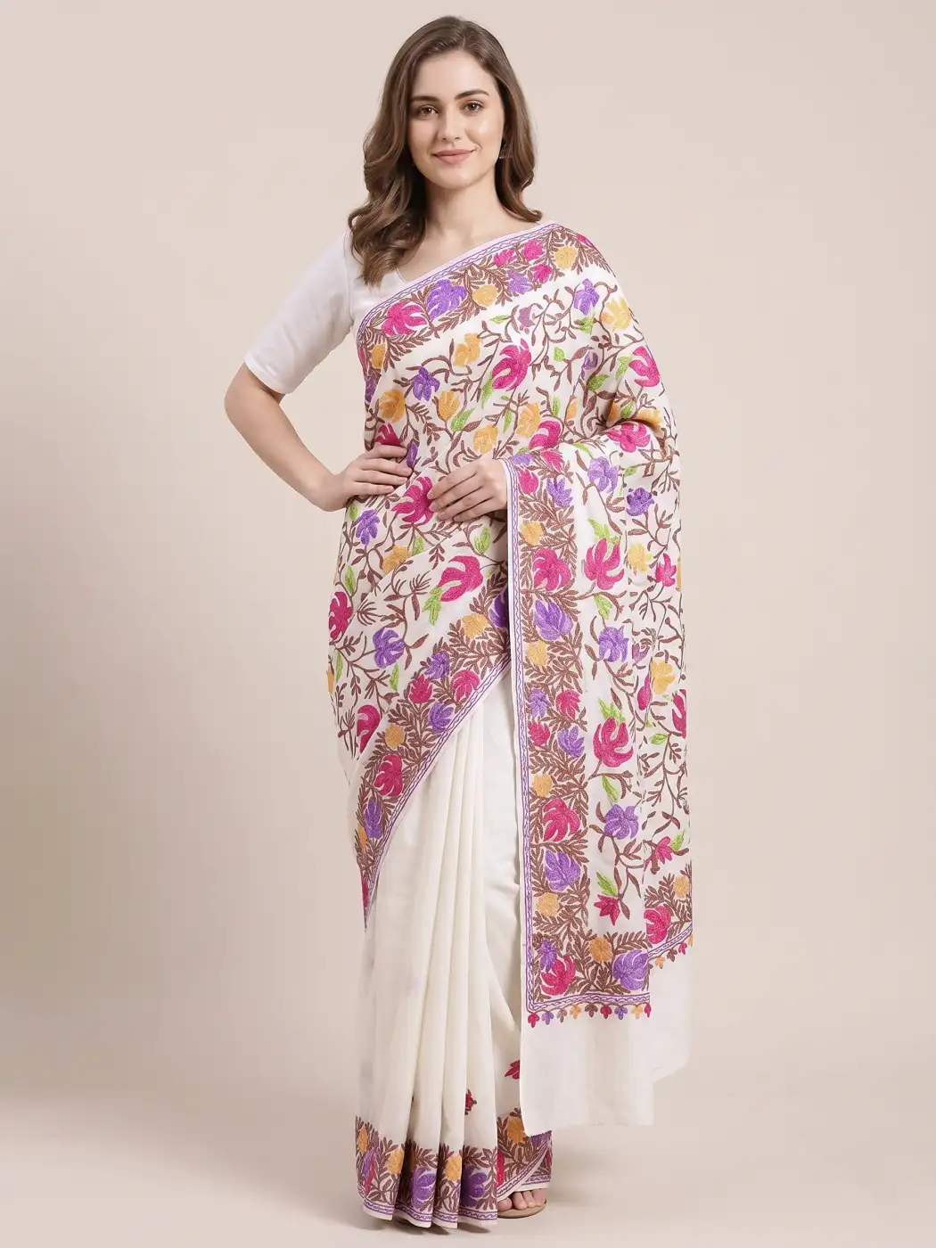 Cream Georgette Saree with Multicolor Floral All Over Jaal Aari Embroidery