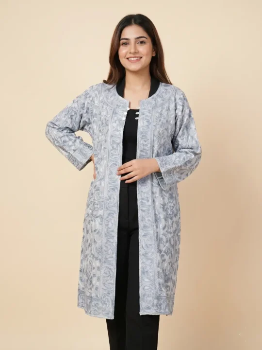 Kashmiri Grey Shrug in Georgette Mah-e-Bahar with All-over Aari Embroidery