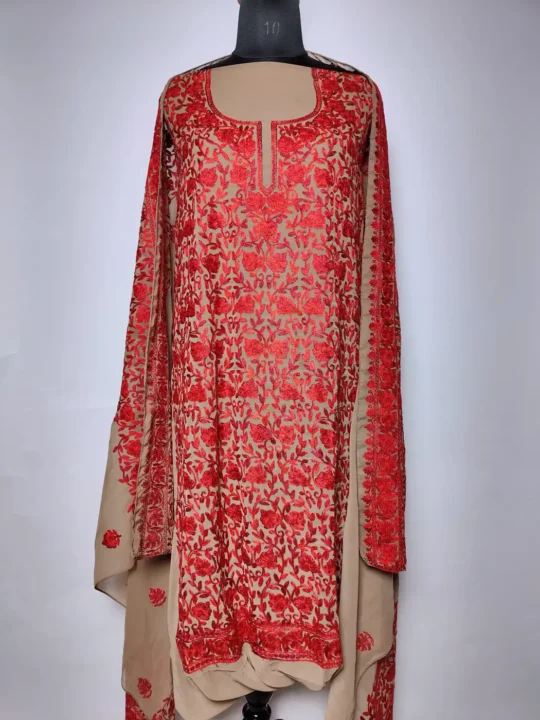 Beige Kashmiri 3pc Suit in Georgette with Heavy Aari Embroidery Gulnar