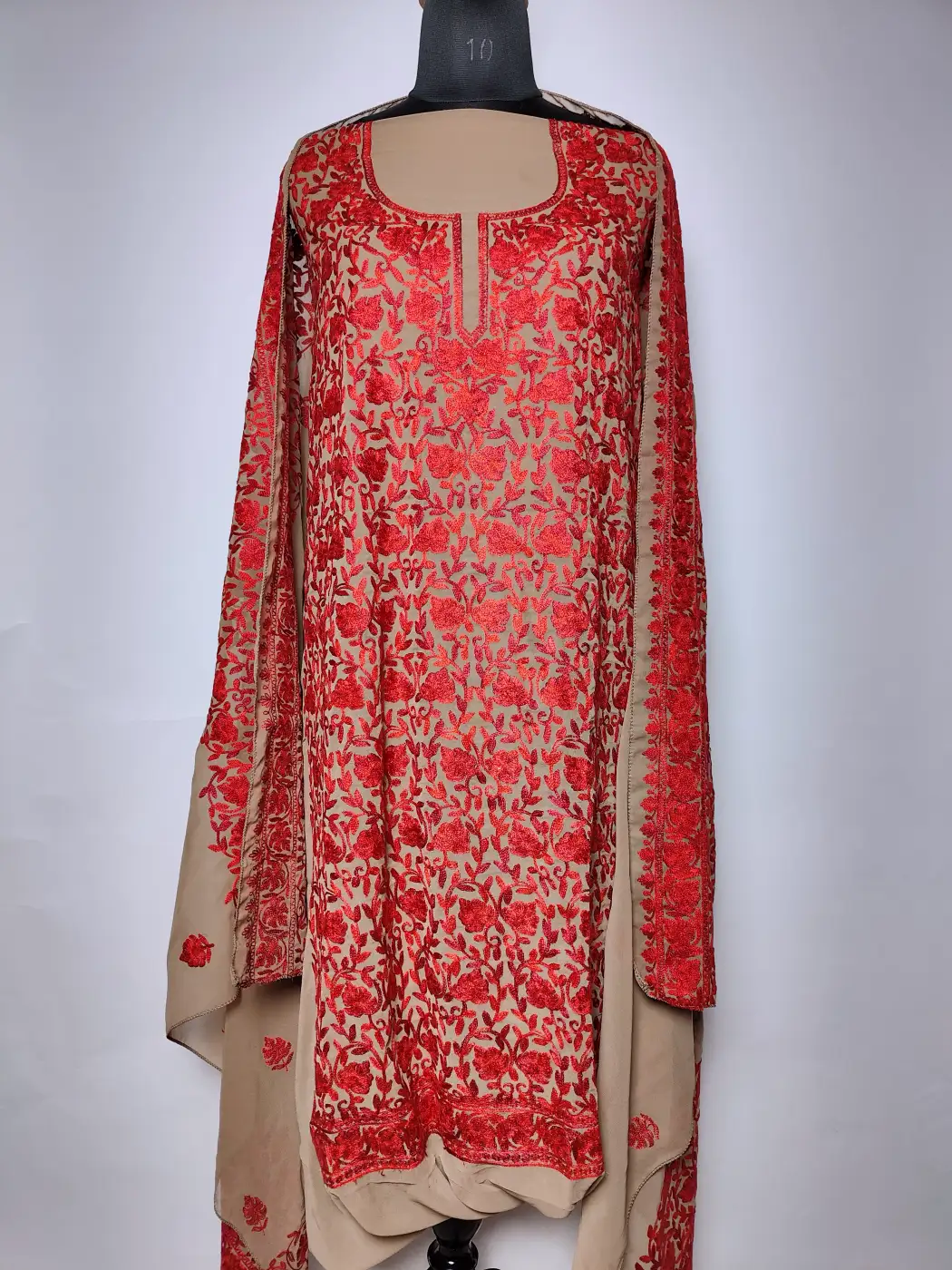 Beige Kashmiri 3pc Suit in Georgette with Heavy Aari Embroidery Gulnar