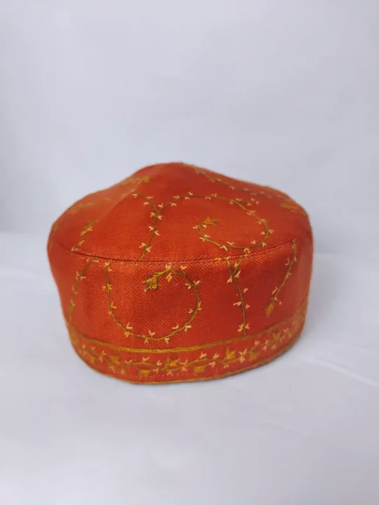Kashmiri Orange Cap top side with Hand Sozni Embroidery