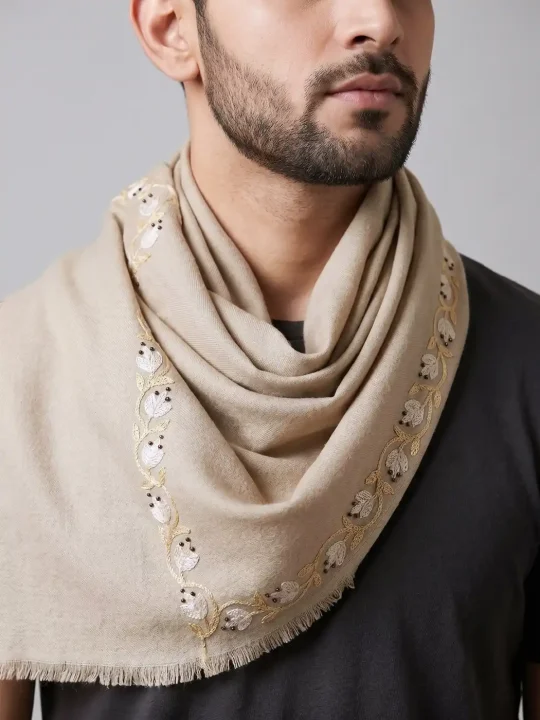 Beige Kashmiri 64 Count Muffler with Hand Aari Embroidery
