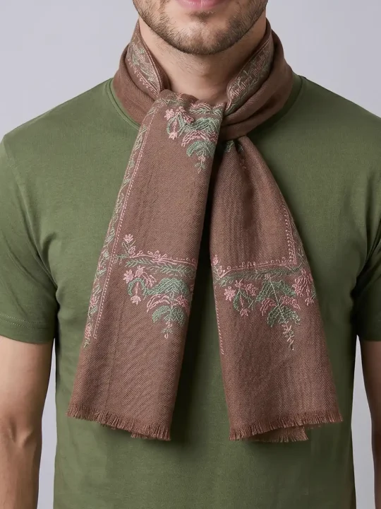 Brown Kashmiri 64 Count Muffler with Hand Sozni Embroidery