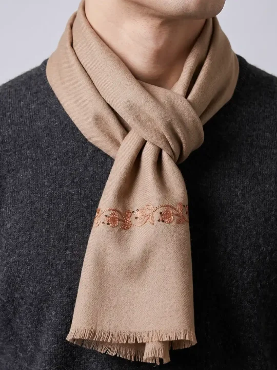 Beige Kashmiri 64 Count Muffler with Hand Aari Embroidery