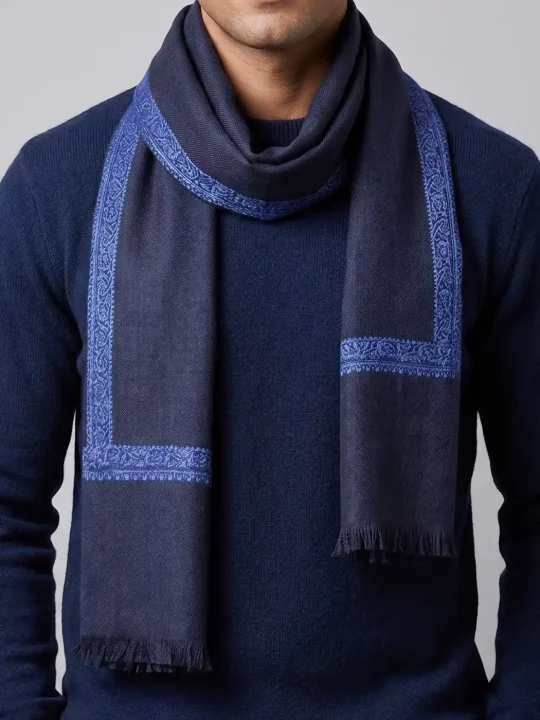 Kashmiri Muffler in Dark Blue Pure Wool for both Men and Women