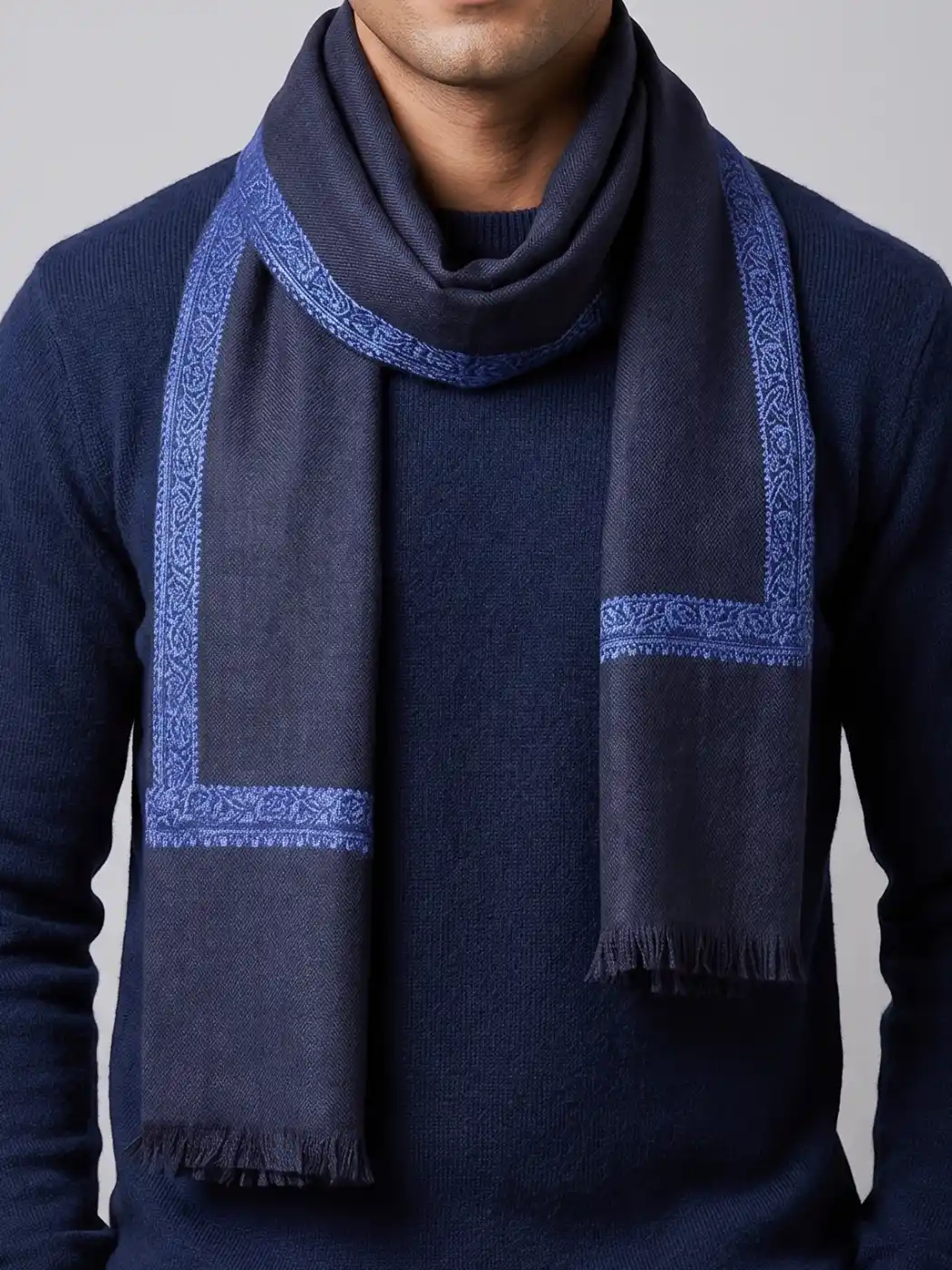 Kashmiri Muffler in Dark Blue Pure Wool for both Men and Women