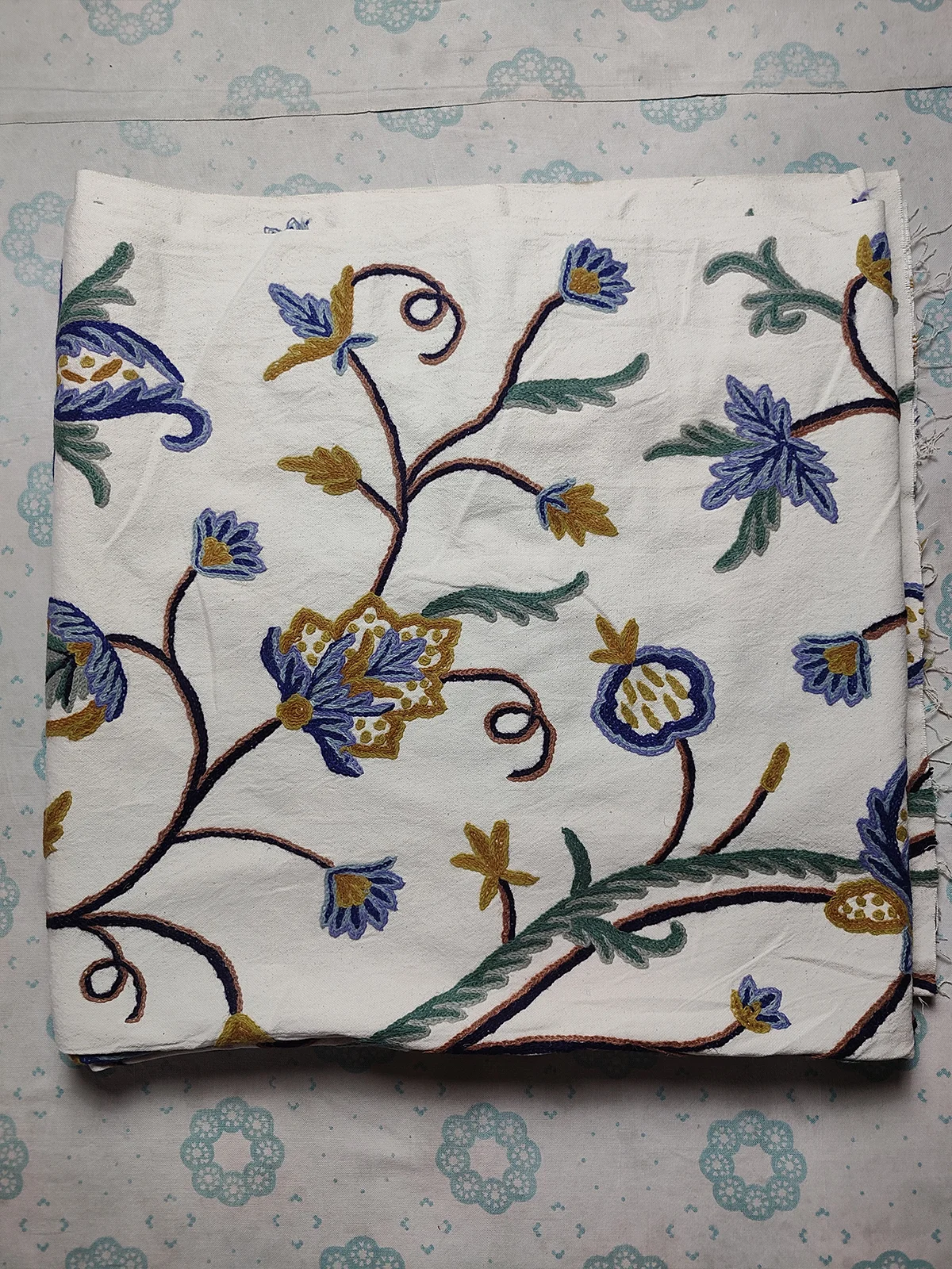 Handmade Kashmiri Crewel Fabric – Blue & Gold Floral Vine Embroidery on Cotton Base - 5.7 Meter Length - Image 2