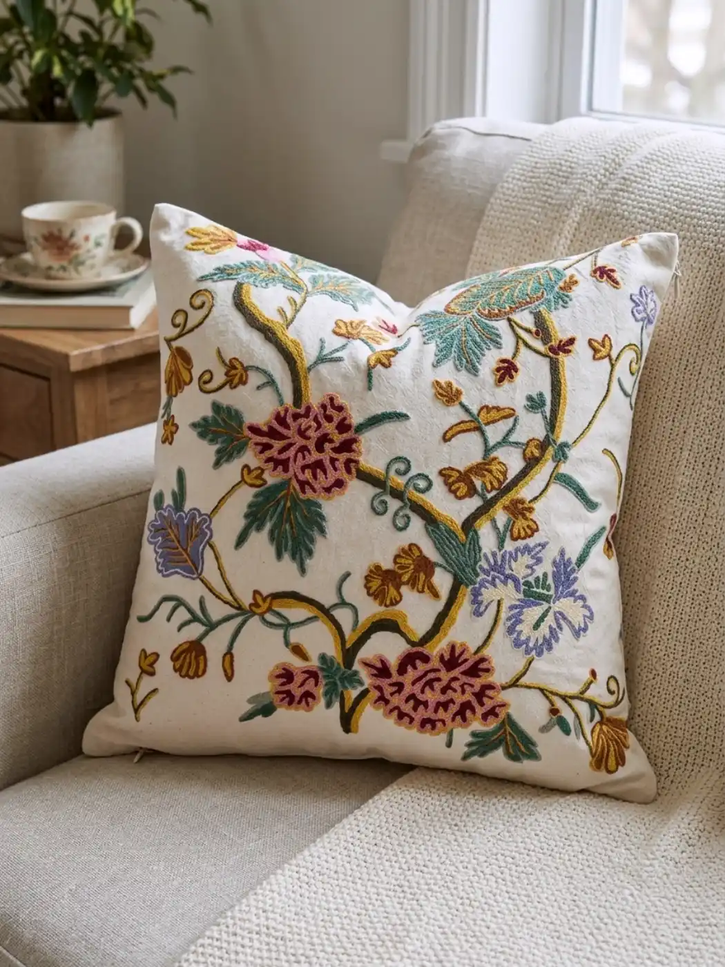 Handmade Kashmiri Crewel Fabric – Jacobean Inspired Floral Embroidery – 5 Meter Length - Image 2
