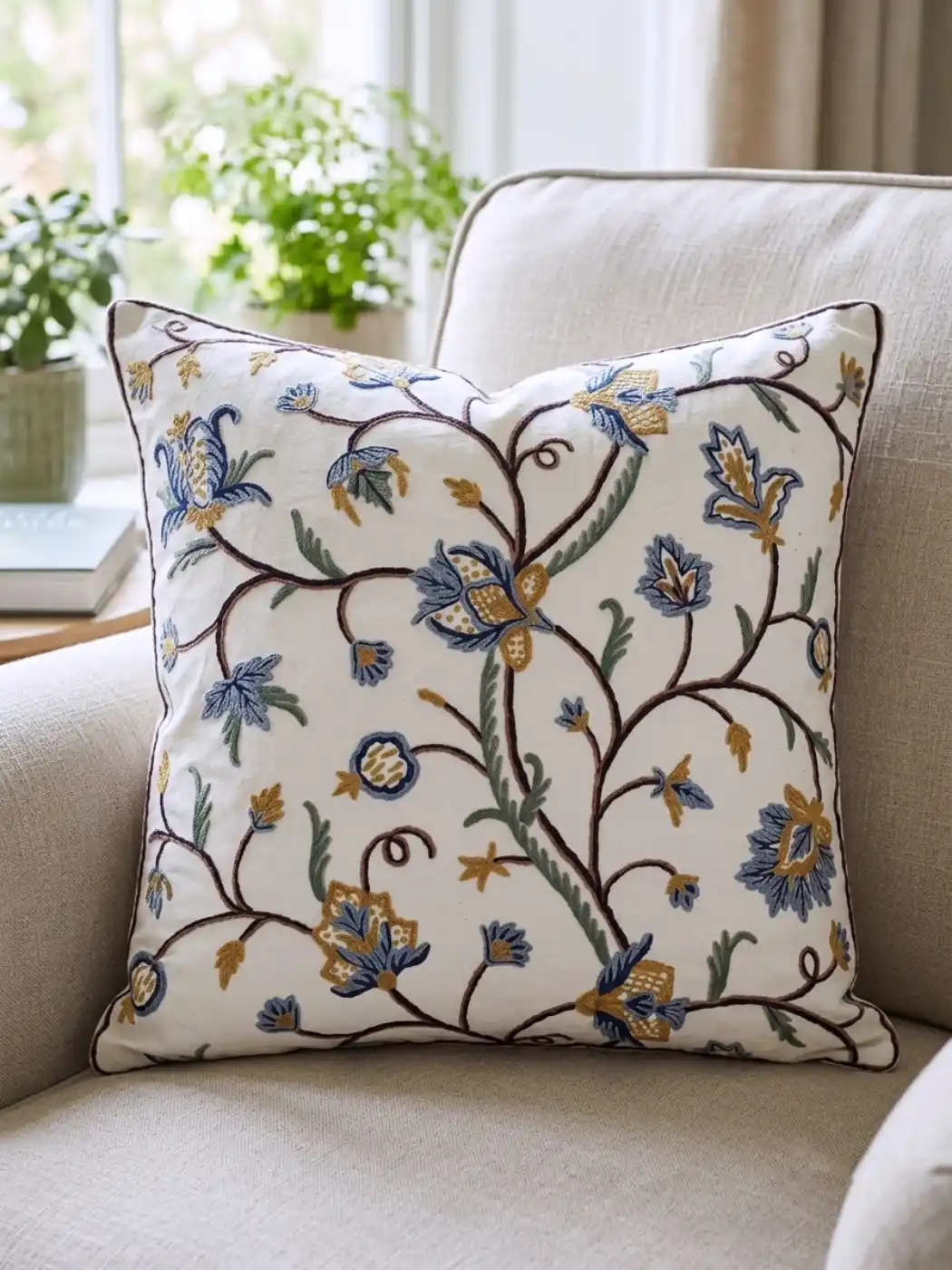 Handmade Kashmiri Crewel Fabric β Blue & Gold Floral Vine Embroidery on Cotton Base - 5.7 Meter Length - Image 2