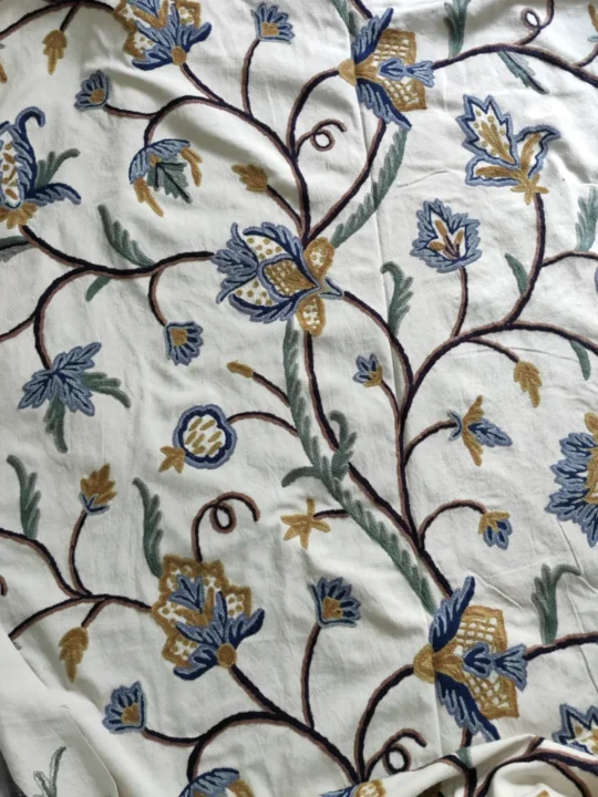 Handmade Kashmiri Crewel Fabric – Blue & Gold Floral Vine Embroidery on Cotton Base - 5.7 Meter Length