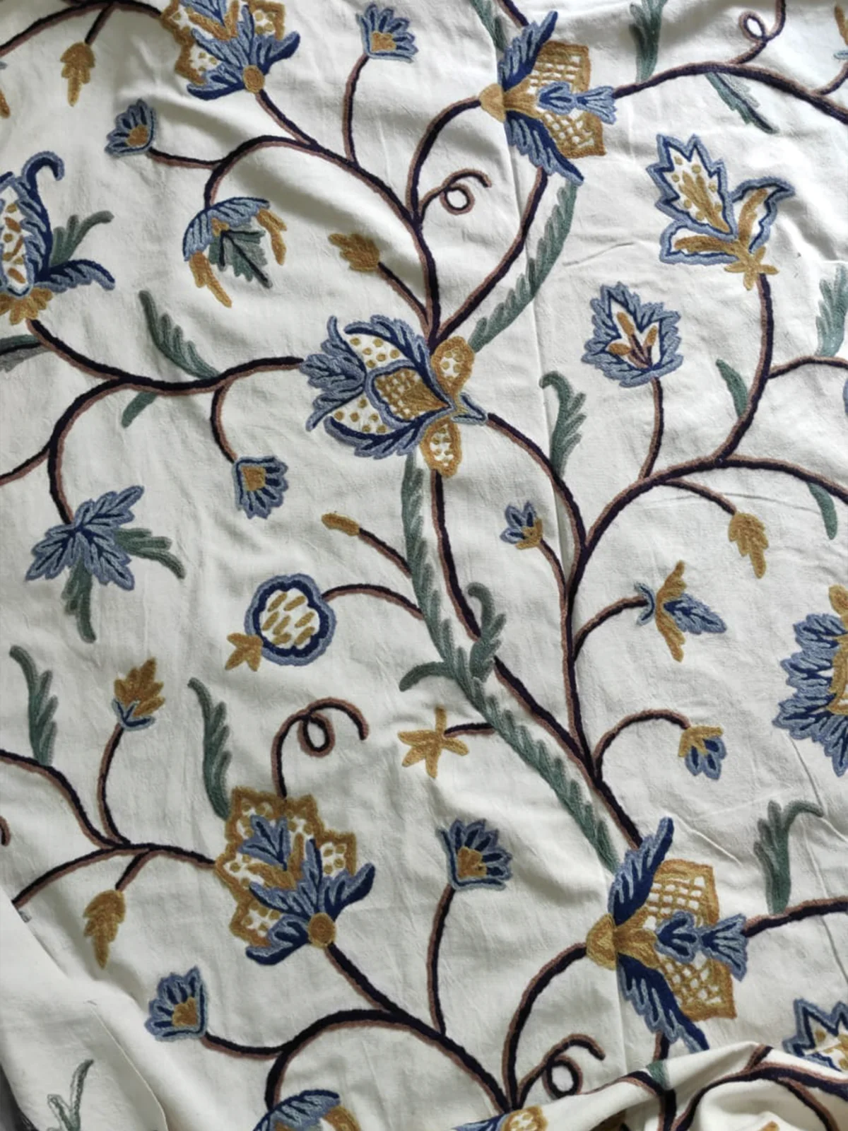 Handmade Kashmiri Crewel Fabric – Blue & Gold Floral Vine Embroidery on Cotton Base - 5.7 Meter Length