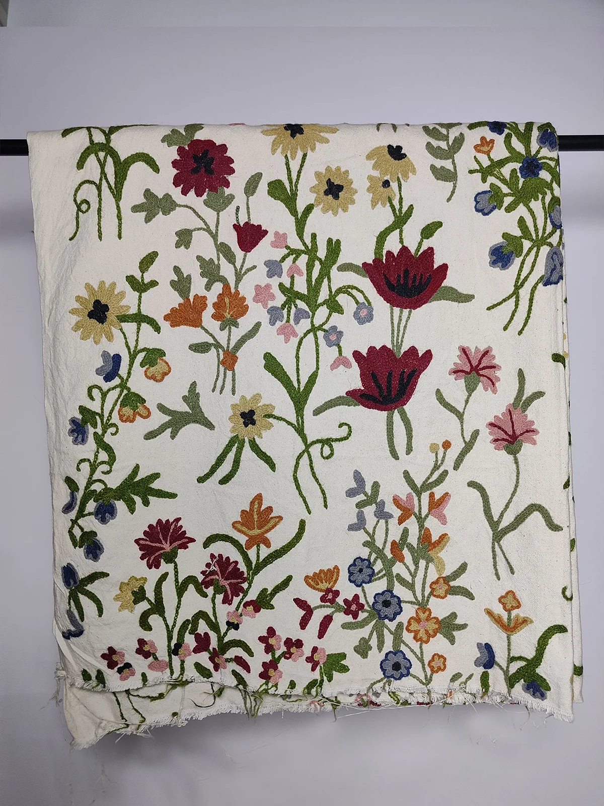 Handmade Kashmiri Crewel Fabric – Multicolor Floral Vine Design with Tulip Motifs – 5 Meter Length