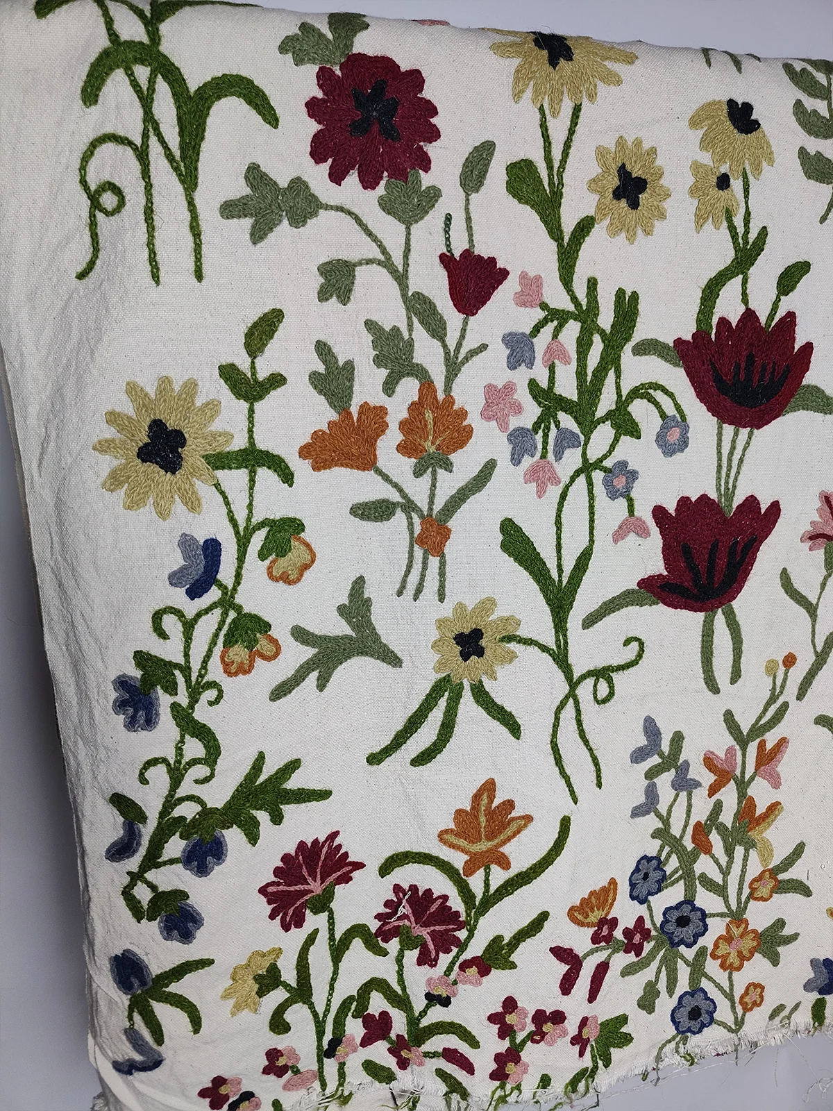 Handmade Kashmiri Crewel Fabric – Multicolor Floral Vine Design with Tulip Motifs – 5 Meter Length - Image 5