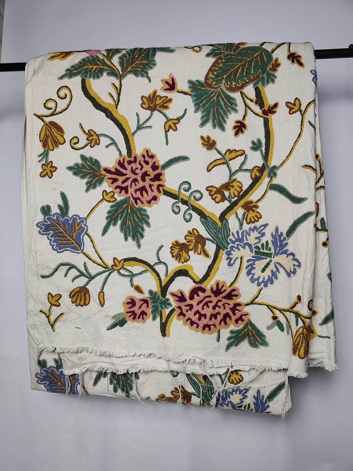 Handmade Kashmiri Crewel Fabric – Jacobean Inspired Floral Embroidery – 5 Meter Length