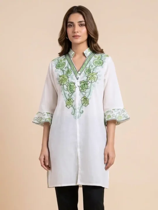 Elegant White Golaab Naal Short Kurta in Summer Cool Cotton Fabric & Aari Embroidery