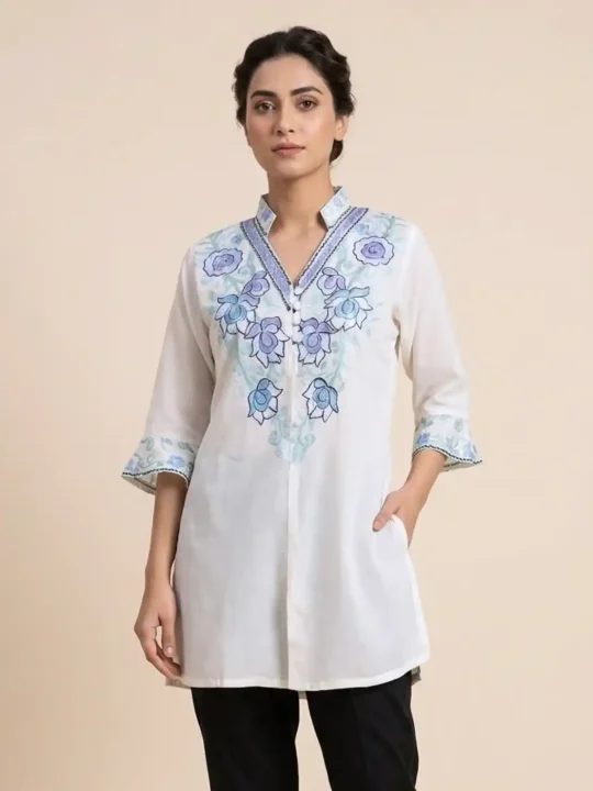 Beautiful Aari Embroidered White Short Kurta – Summer Cool Fabric | Dalgate Collection