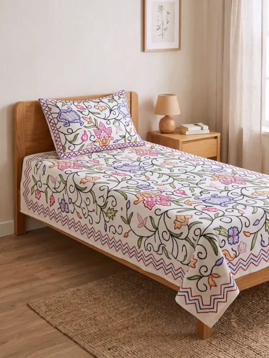 Qasb Kashmiri Bed and Pillow Cover with Hand Crewel Embroidery