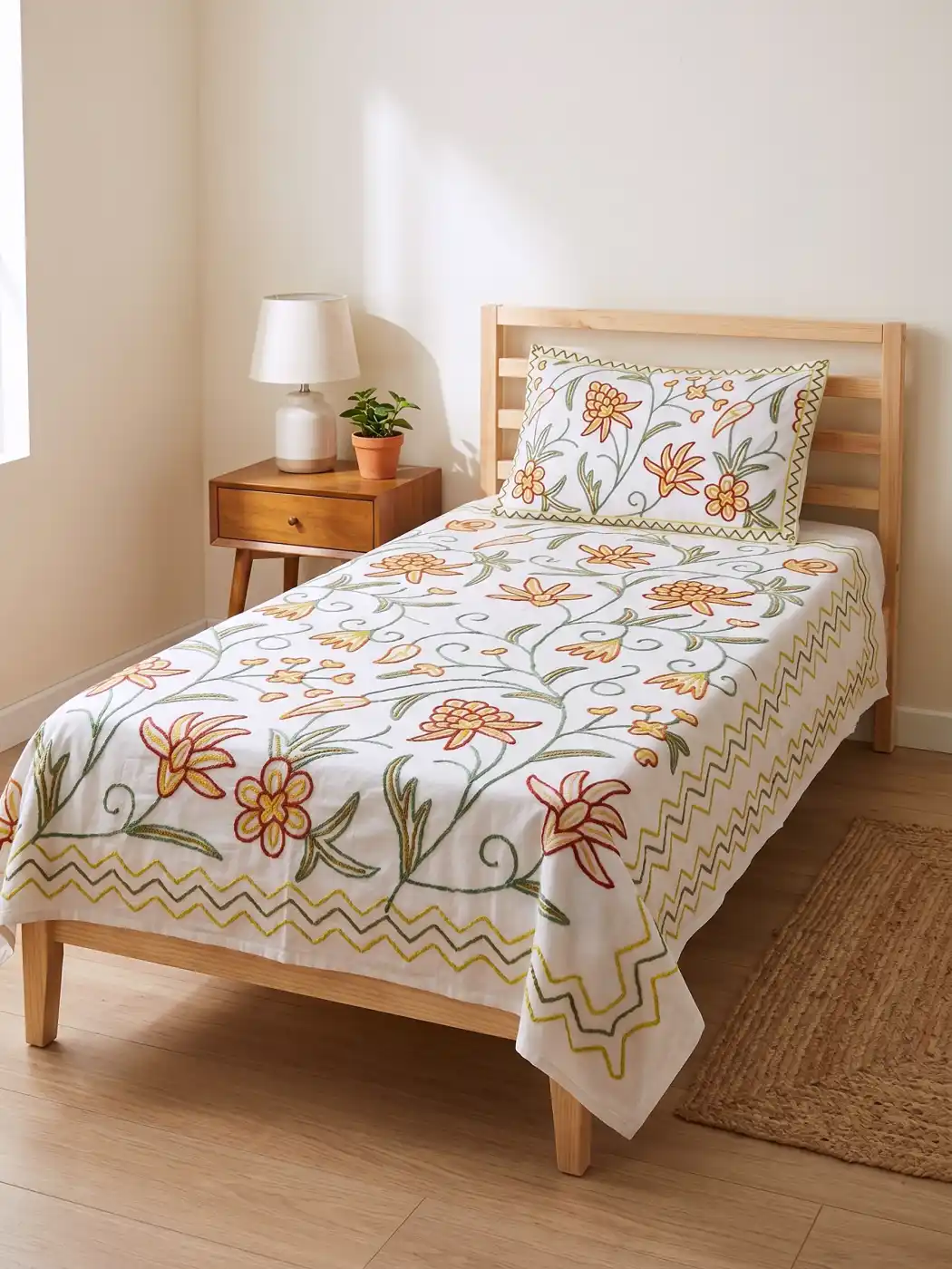 Bed and Pillow Cover Gulistan with Hand Crewel Embroidery from Kashmir