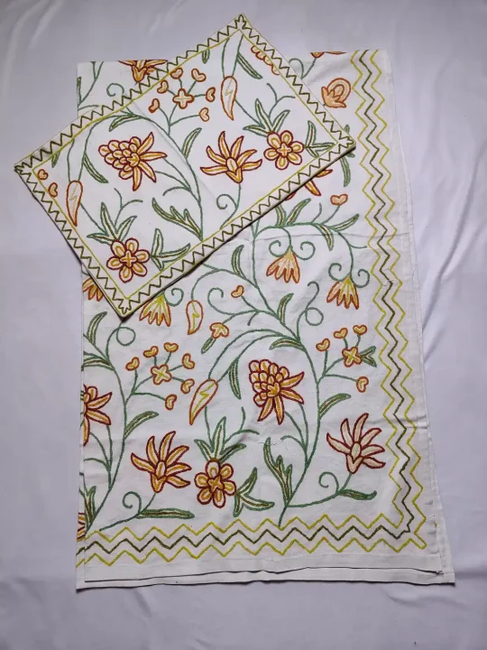 Bed and Pillow Cover Gulistan with Hand Crewel Embroidery from Kashmir