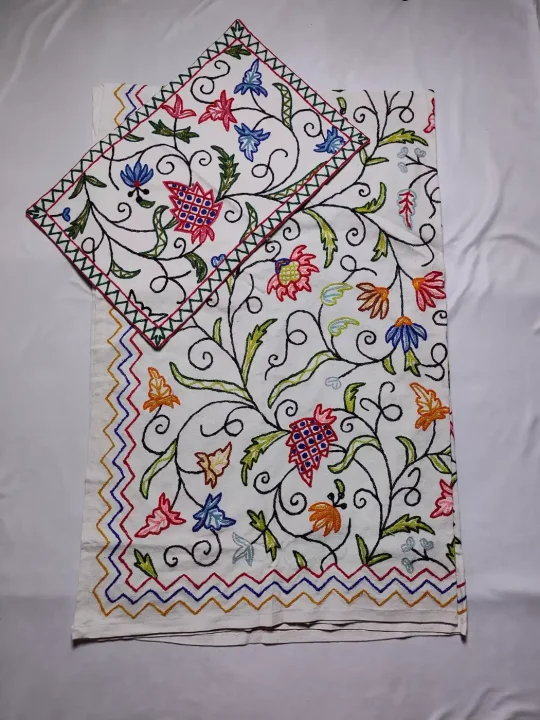 Kashmiri Bed and Pillow Cover with Hand Crewel Embroidery