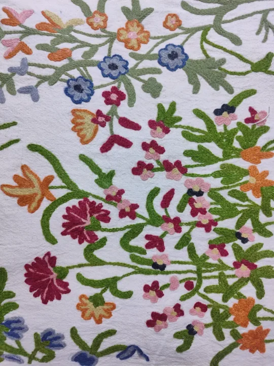 Kashmiri Handmade Crewel Fabric in Wool Embroidery on Cotton