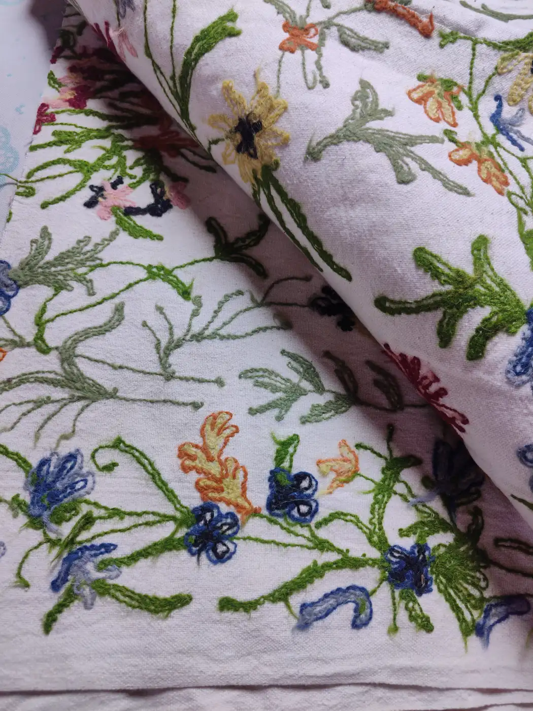 Kashmiri Handmade Crewel Fabric in Wool Embroidery on Cotton