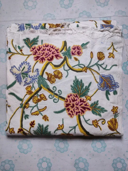 Kashmiri Handmade Crewel Fabric in Wool Embroidery on Cotton