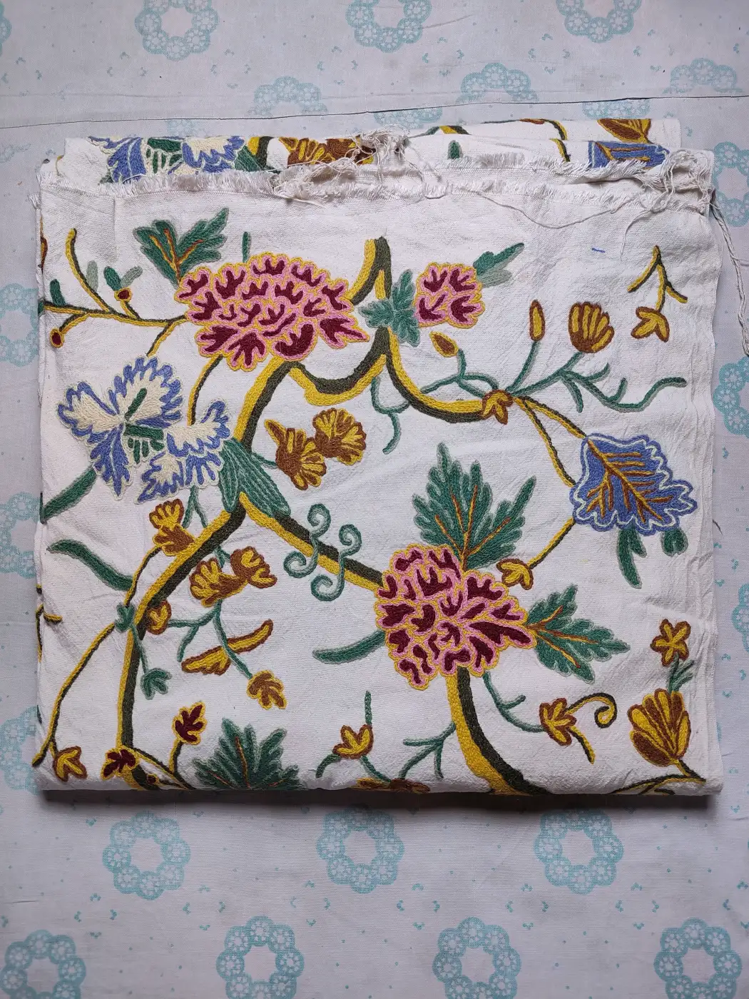 Kashmiri Handmade Crewel Fabric in Wool Embroidery on Cotton