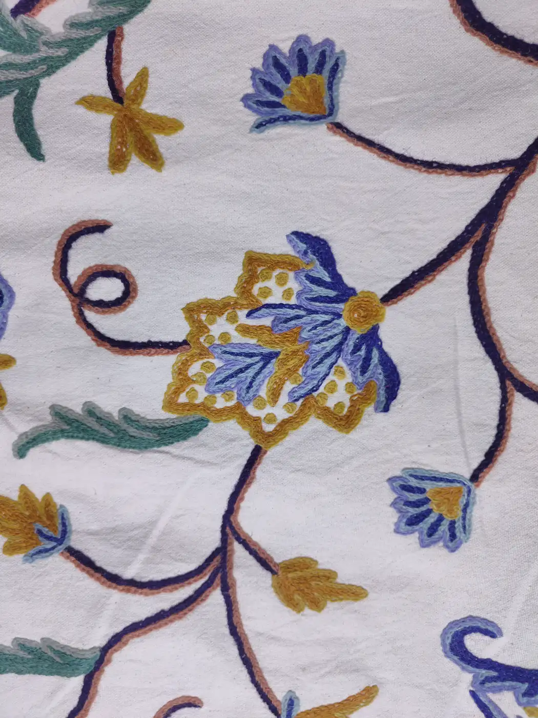 Handmade Kashmiri Crewel Fabric – Blue & Gold Floral Vine Embroidery on Cotton Base - 5.7 Meter Length - Image 3