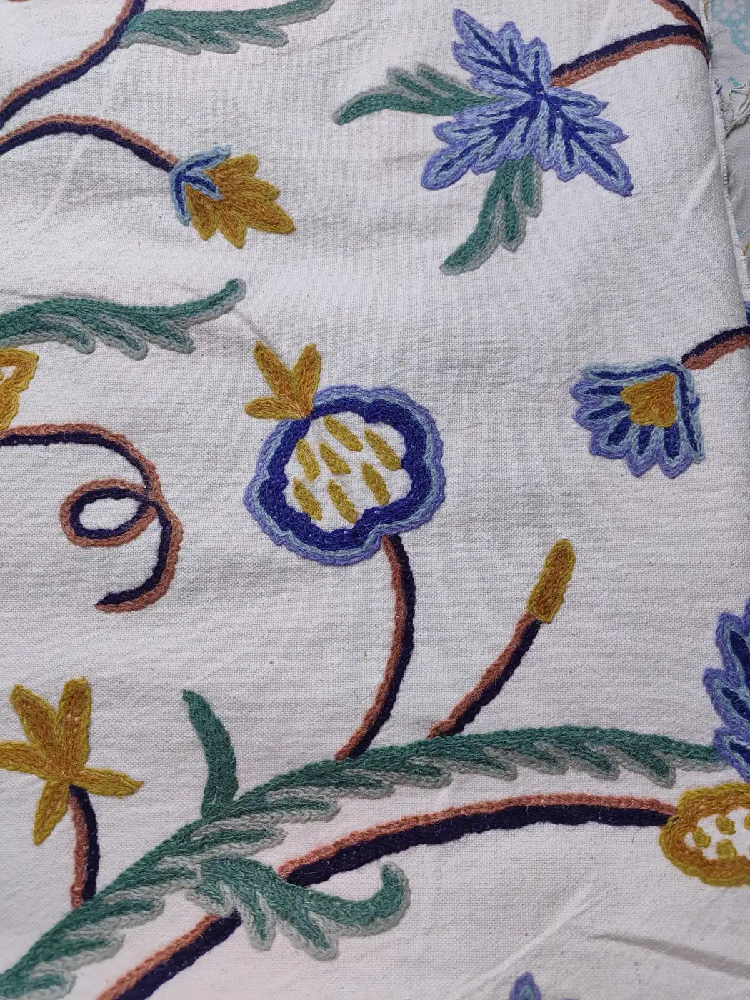 Handmade Kashmiri Crewel Fabric – Blue & Gold Floral Vine Embroidery on Cotton Base - 5.7 Meter Length - Image 4