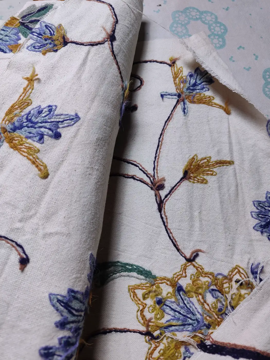 Handmade Kashmiri Crewel Fabric – Blue & Gold Floral Vine Embroidery on Cotton Base - 5.7 Meter Length - Image 5