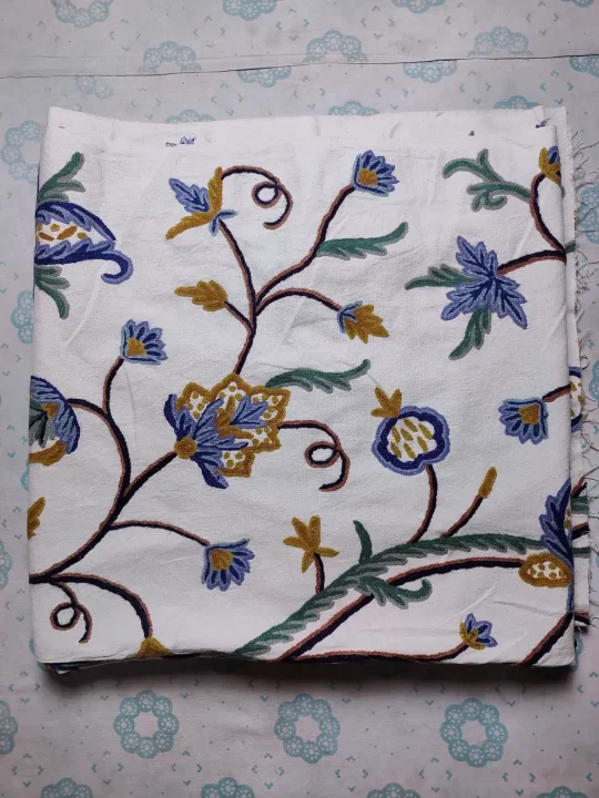 Handmade Kashmiri Crewel Fabric – Blue & Gold Floral Vine Embroidery on Cotton Base - 5.7 Meter Length