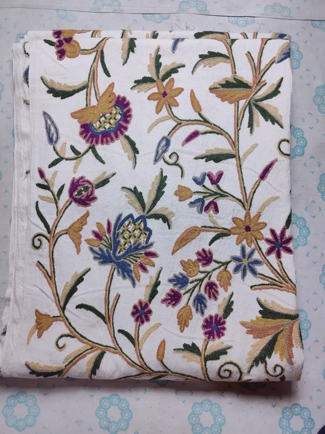 Handmade Nafees Kashmiri Crewel Fabric in Wool Embroidery on Cotton
