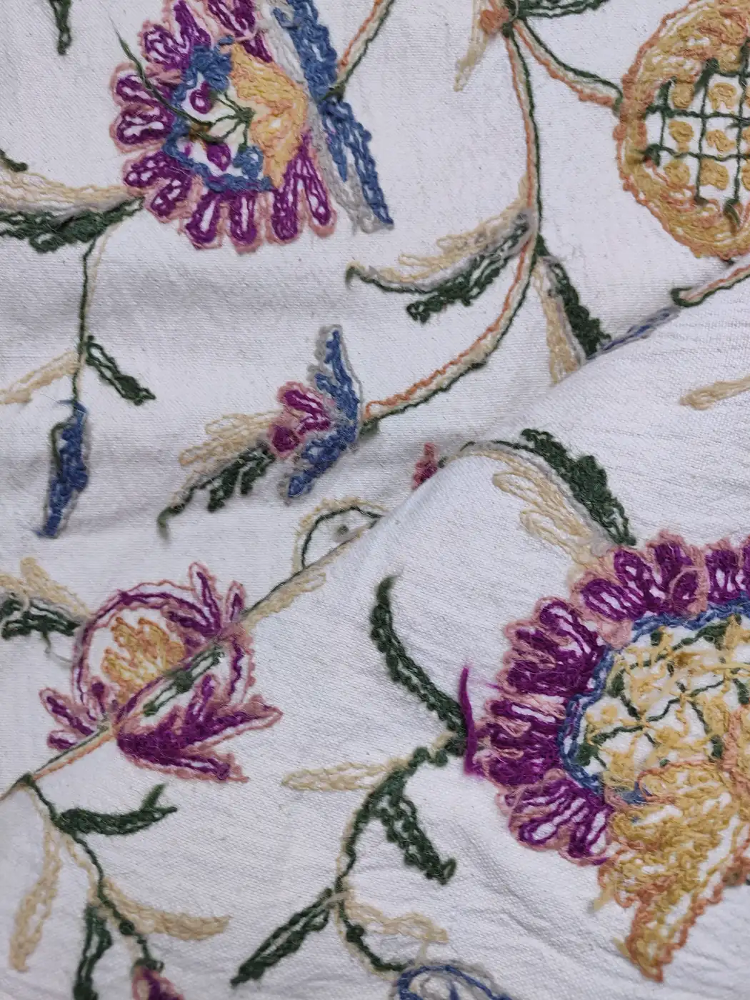 Handmade Nafees Kashmiri Crewel Fabric in Wool Embroidery on Cotton