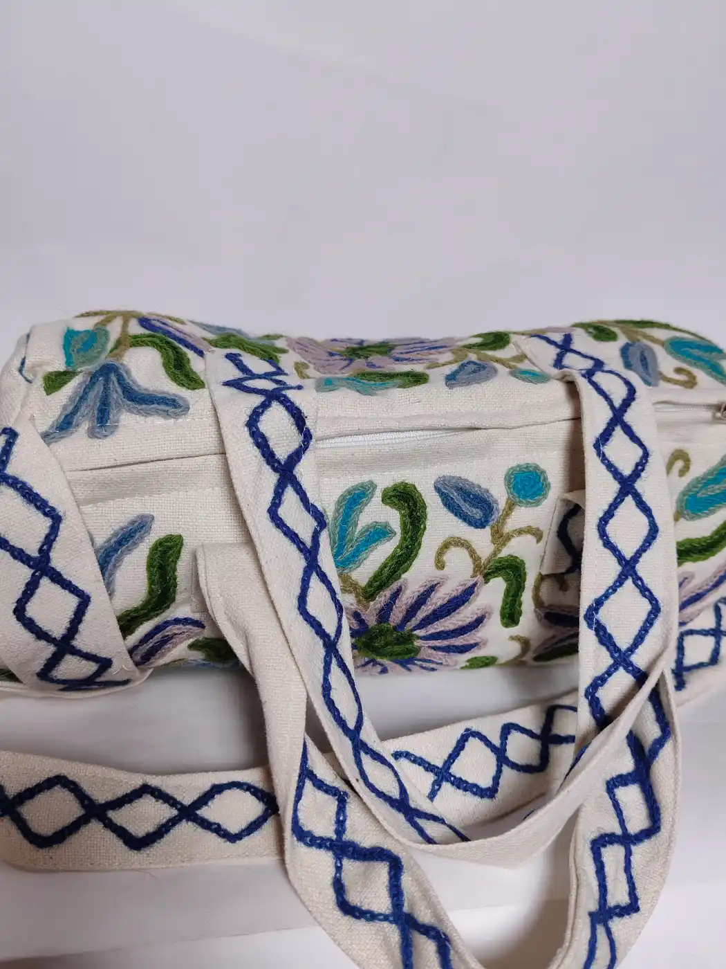 Floral White Kashmiri Duffel Bag | Travel and Gym Bag | Small - Image 2