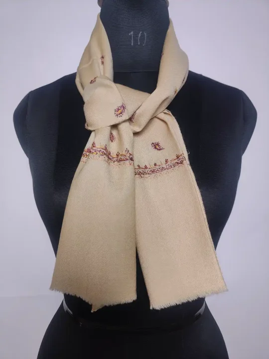 Kashmiri Beige 64 Count Muffler with hand Sozni Embroidery
