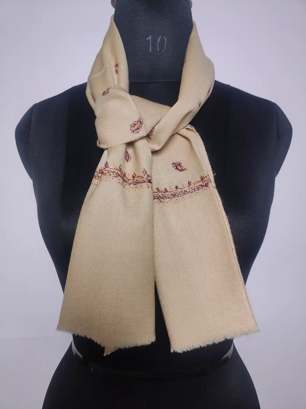 Kashmiri Beige 64 Count Muffler with hand Sozni Embroidery