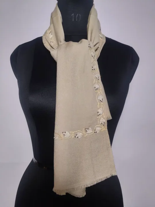 Beige Kashmiri 64 Count Muffler with Hand Aari Embroidery