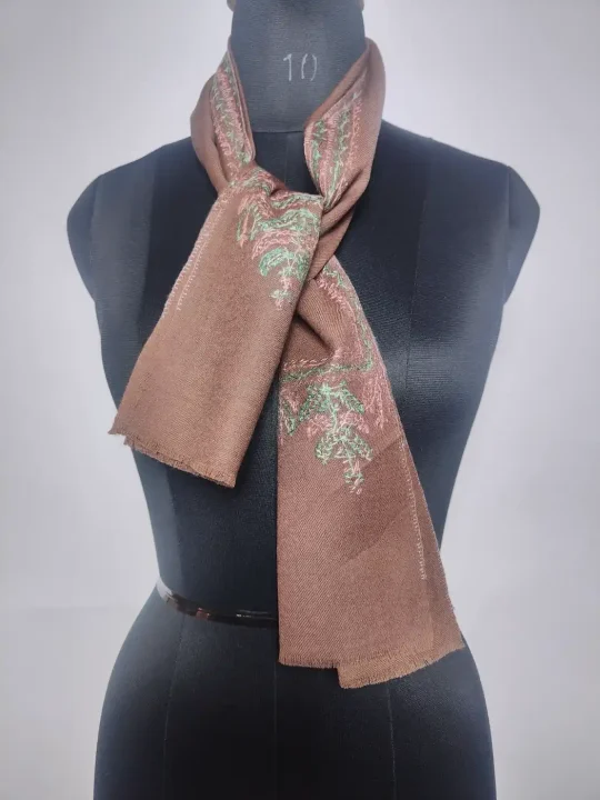 Shahtoor Brown Kashmiri 64 Count Muffler with Hand Sozni Embroidery