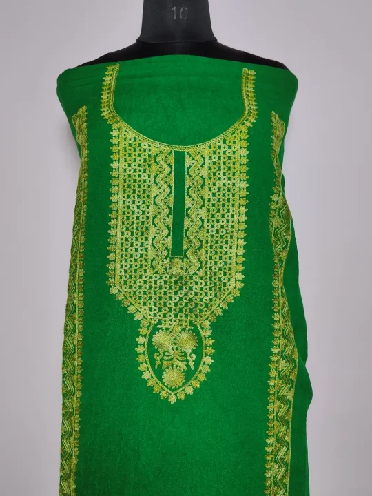 Kashmiri 2pc Suit in Dark Green Crush Cotton with neck Aari Embroidery