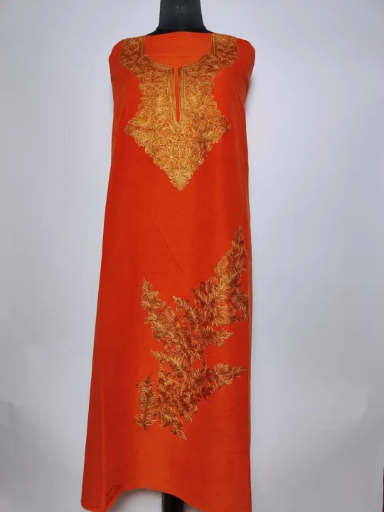 Orange 2pc Suit in Crush Cotton with Aari Embroidery