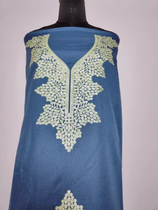 Kashmiri Teal Grey 2pc Suit in Summer Cool Cotton with Aari Embroidery