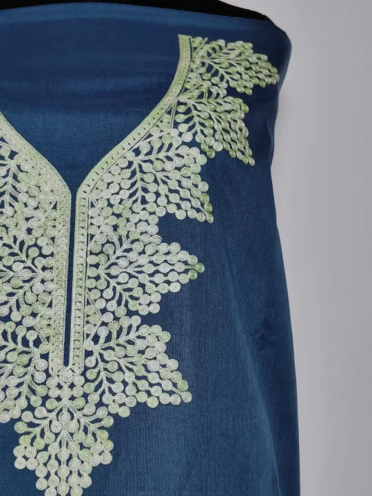 Kashmiri Teal Grey 2pc Suit in Summer Cool Cotton with neckline Aari Embroidery