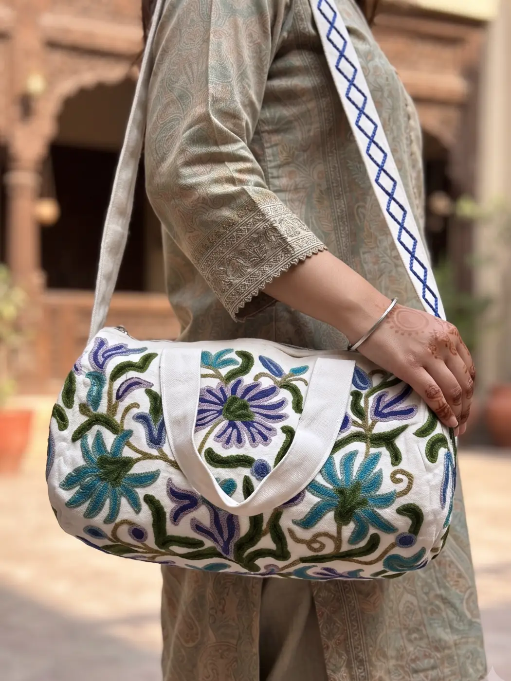 Floral White Kashmiri Duffel Bag | Travel and Gym Bag | Small