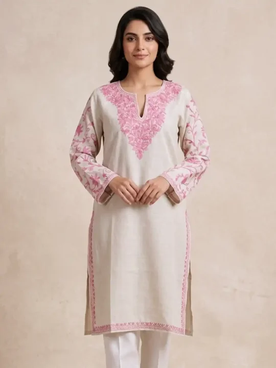 Cotton Kashmiri Long Kurti With Aari Sleeve Work Wasiya